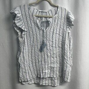Jane & Delancey Blue White‎ Stripe Seersucker Blouse Large Peasant Classic